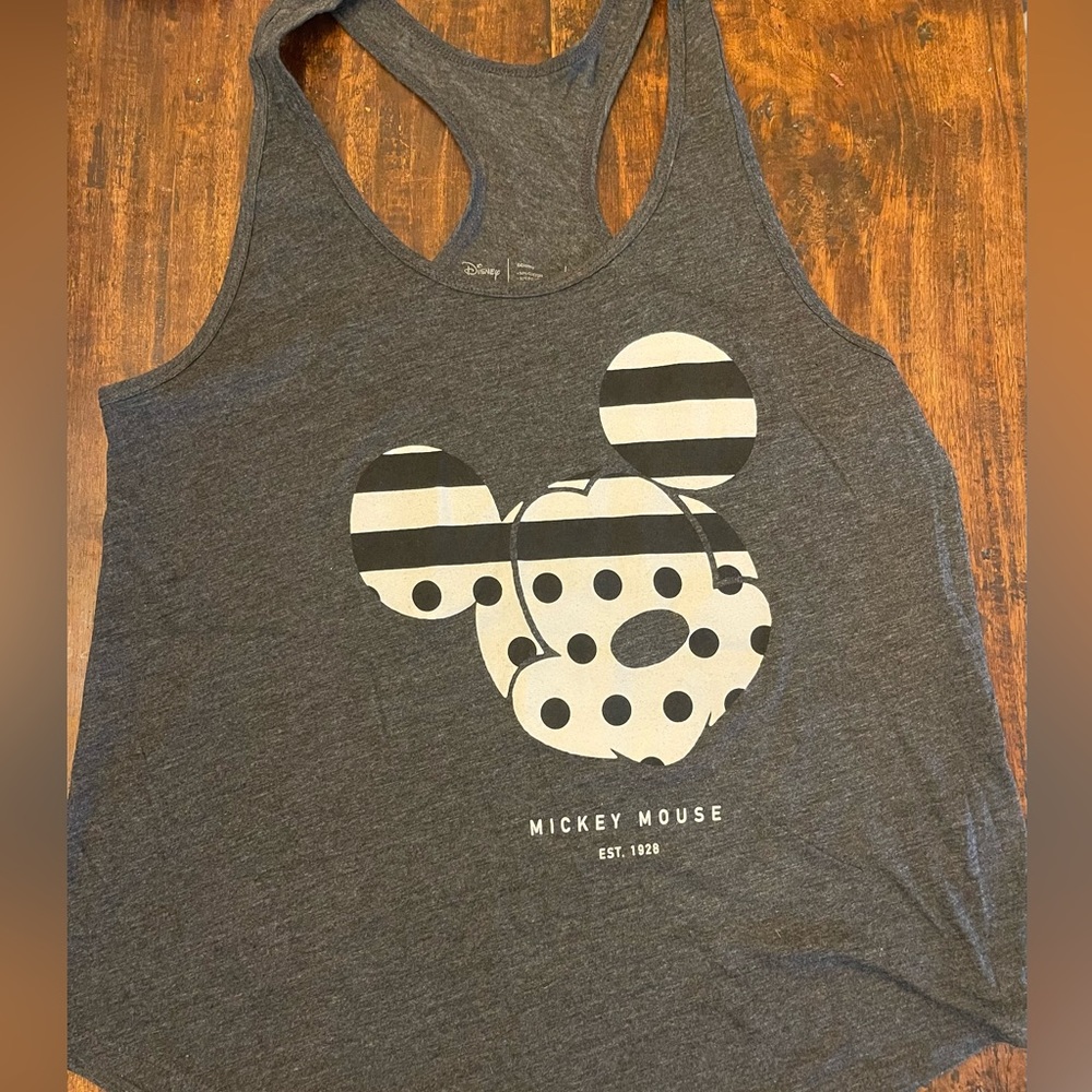 Neff x Disney women’s Mickey stripe & dot racer back tank sz Large, charcoal NWT